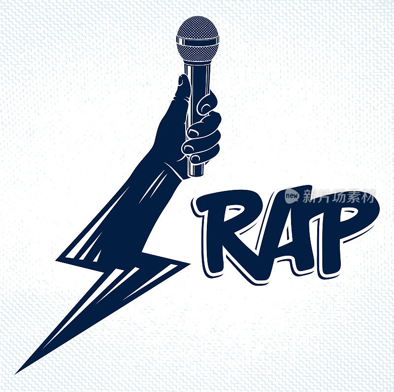 Rap music vector logo or emblem with microphone in hand in a shape of lightning bolt, Hip Hop rhymes festival concert or night club party label, t-shirt print.